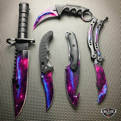 5 PC Black Galaxy Fixed Blade Hunting Knife Guthook Balisong Butterfly Bayonet Karambit Flipper Collection - BLADE ADDICT