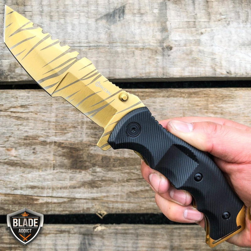 9" CSGO Tactical G10 Folding Spring Assisted Pocket Knife Gold Tiger - BLADE ADDICT