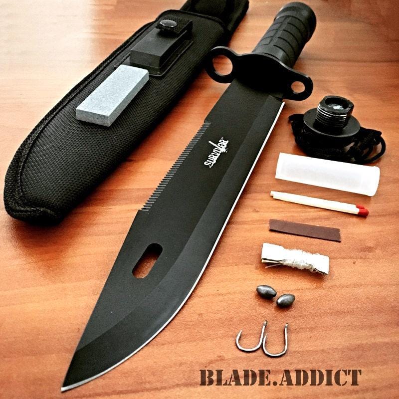 15" Tactical Camping Fixed Blade Knife + Sheath + Survival Kit - BLADE ADDICT