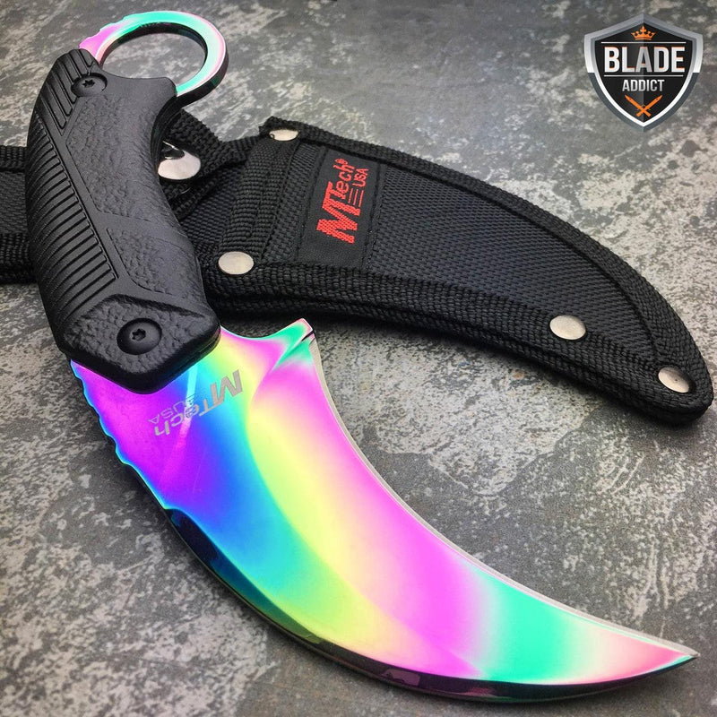 7.5" MTECH Tactical RAINBOW Karambit FULL TANG Hawkbill Knife Claw - BLADE ADDICT