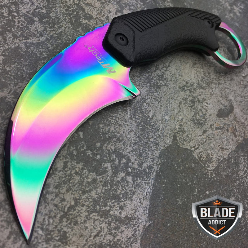7.5" MTECH Tactical RAINBOW Karambit FULL TANG Hawkbill Knife Claw - BLADE ADDICT