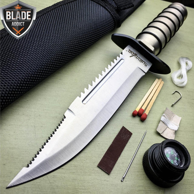 9.5" Tactical Hunting Army Rambo Fixed Blade Knife Machete Bowie w Survival Kit - BLADE ADDICT