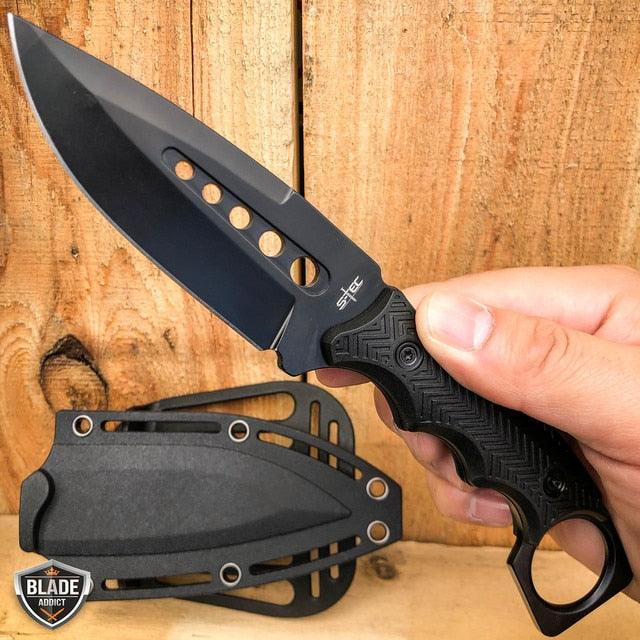 8.5" Fixed Blade Tactical Hunting Knife with Paddle ABS Belt Loop Holster Sheath Black - BLADE ADDICT