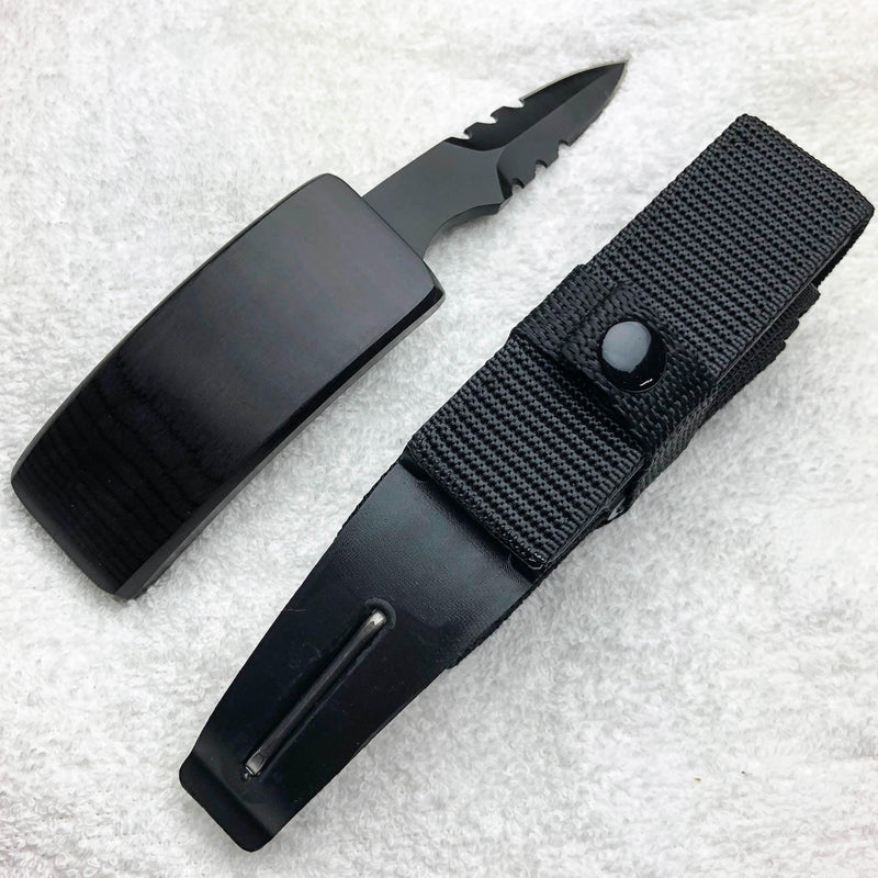 Belt Buckle Fixed Blade Knife - Adjustable Canvas Belt, TPU Buckle Black - BLADE ADDICT