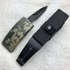 Belt Buckle Fixed Blade Knife - Adjustable Canvas Belt, TPU Buckle Green Camo - BLADE ADDICT