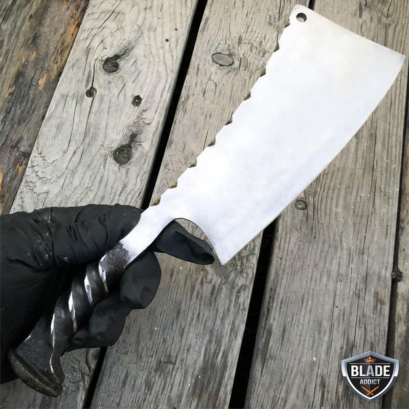 Hand Forged Railroad Spike Hunting Knife Fixed Blade Carbon Steel Cleaver + Case - BLADE ADDICT