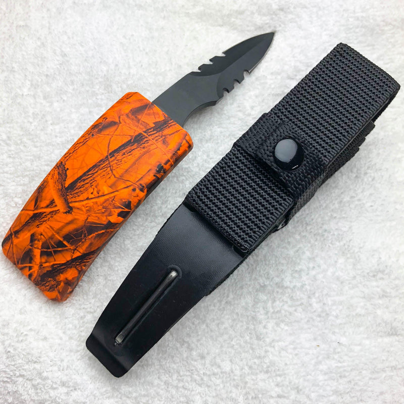 Belt Buckle Fixed Blade Knife - Adjustable Canvas Belt, TPU Buckle Orange Camo - BLADE ADDICT