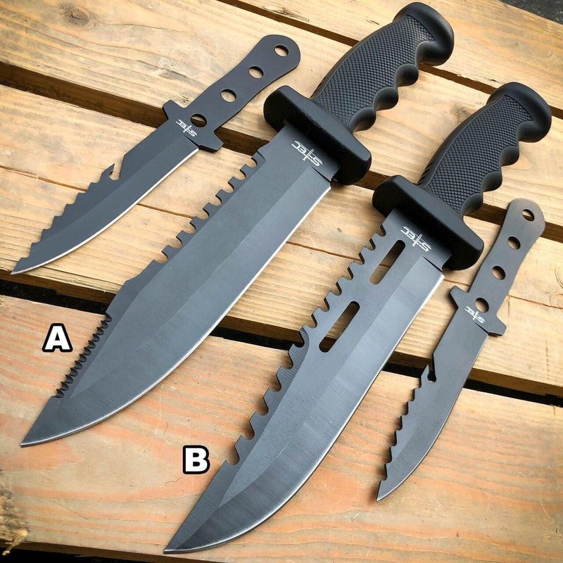 12.5" TACTICAL SURVIVAL FIXED BLADE Army Bowie w/ Throwing Knife - BLADE ADDICT