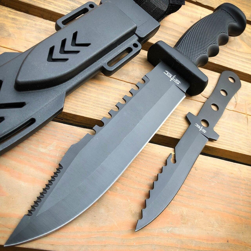 12.5" TACTICAL SURVIVAL FIXED BLADE Army Bowie w/ Throwing Knife - BLADE ADDICT