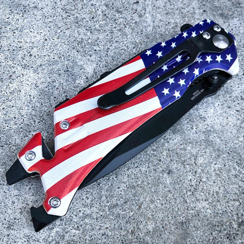 8" AMERICAN FLAG Tactical Spring OPEN Assisted Folding Rescue Knife - BLADE ADDICT