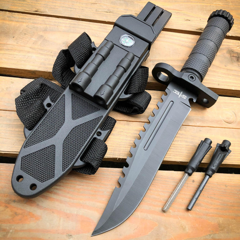 12.5" MILITARY TACTICAL FIXED BLADE Army SURVIVAL Knife w Fire Starter A - Black - BLADE ADDICT