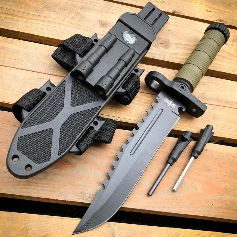 12.5" MILITARY TACTICAL FIXED BLADE Army SURVIVAL Knife w Fire Starter A - Green - BLADE ADDICT
