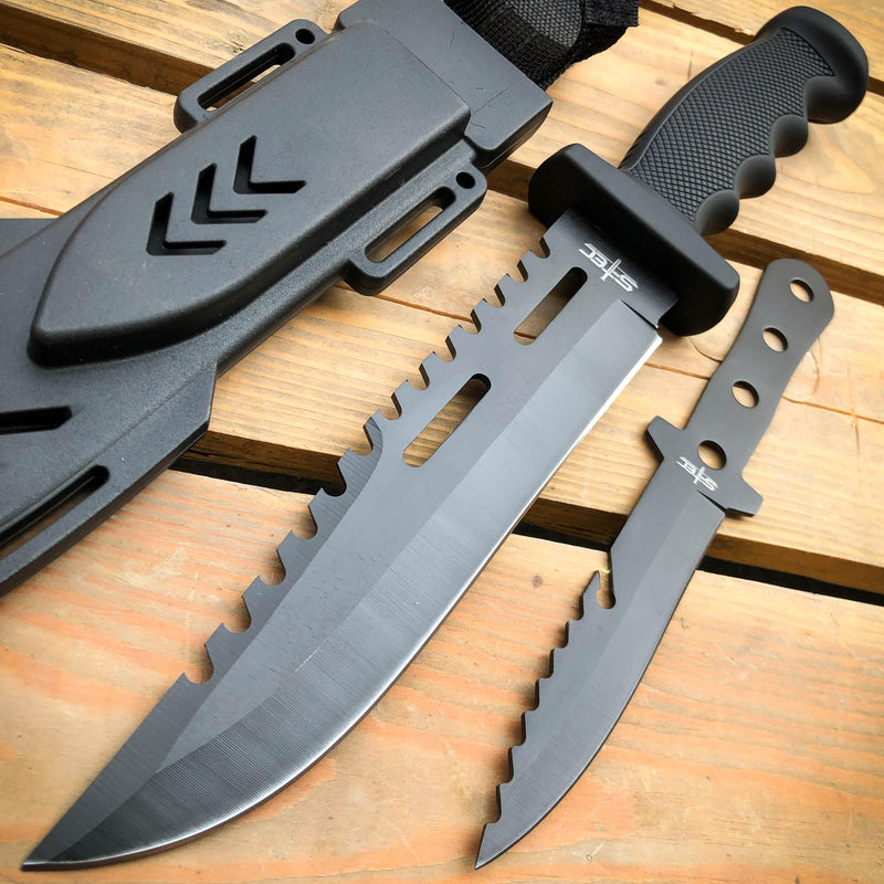12.5" TACTICAL SURVIVAL FIXED BLADE Army Bowie w/ Throwing Knife B - BLADE ADDICT