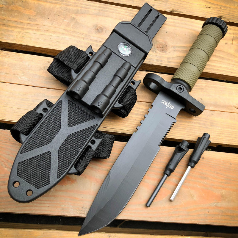 12.5" MILITARY TACTICAL FIXED BLADE Army SURVIVAL Knife w Fire Starter B - Green - BLADE ADDICT