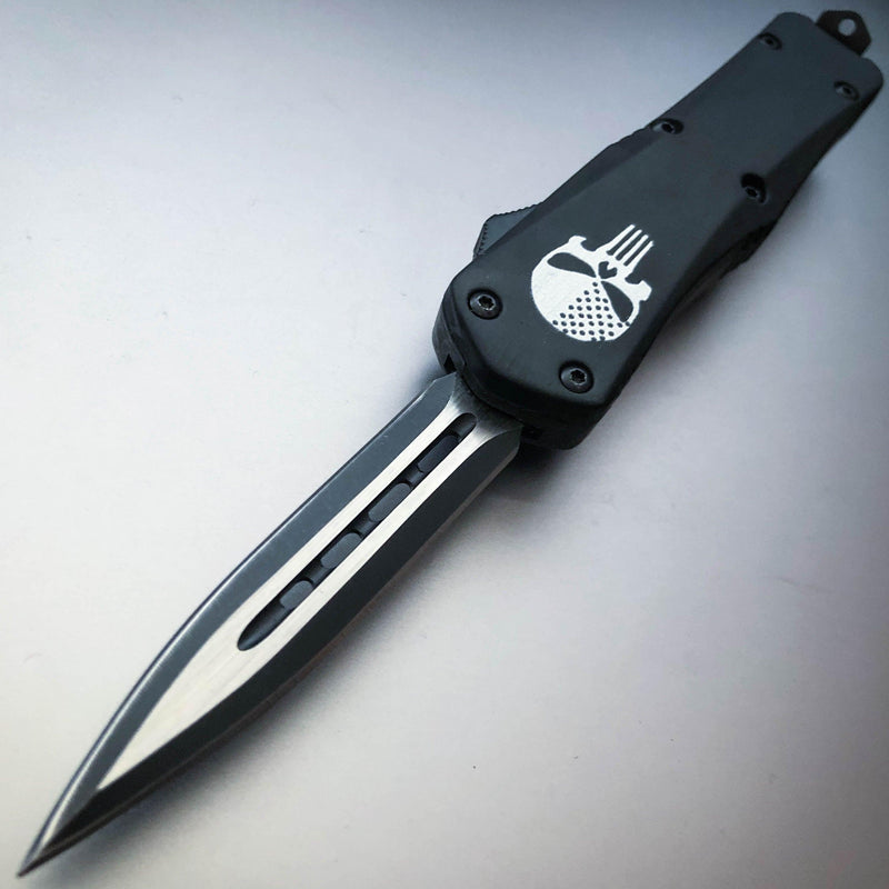 Military Tactical Mini OTF - Choose One Black Punisher Skull - Double Sided Blade - BLADE ADDICT