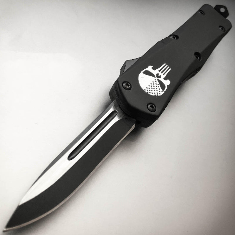 Military Tactical Mini OTF - Choose One Black Punisher Skull - Single Sided Blade - BLADE ADDICT