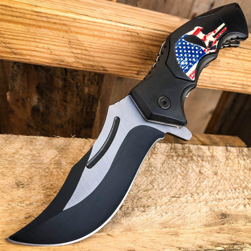 8" BLACK Spring Opening Assisted SKULL Tactical Folding Pocket Knife Black w/ Red & Blue - BLADE ADDICT