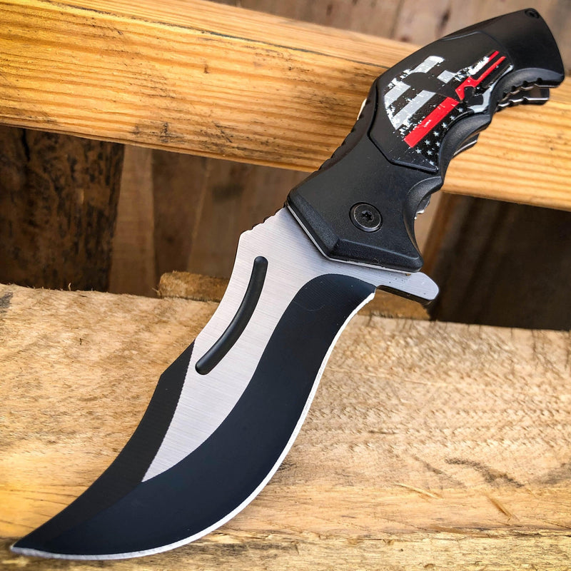 8" BLACK Spring Opening Assisted SKULL Tactical Folding Pocket Knife Black w/ Red & Grey - BLADE ADDICT