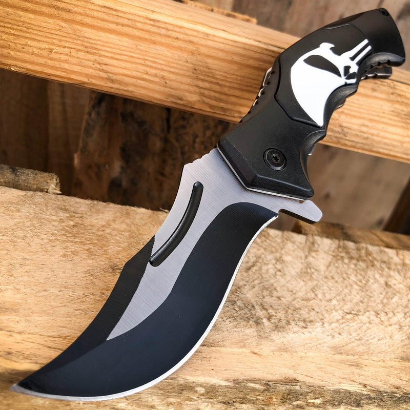 8" BLACK Spring Opening Assisted SKULL Tactical Folding Pocket Knife Black w/ White - BLADE ADDICT