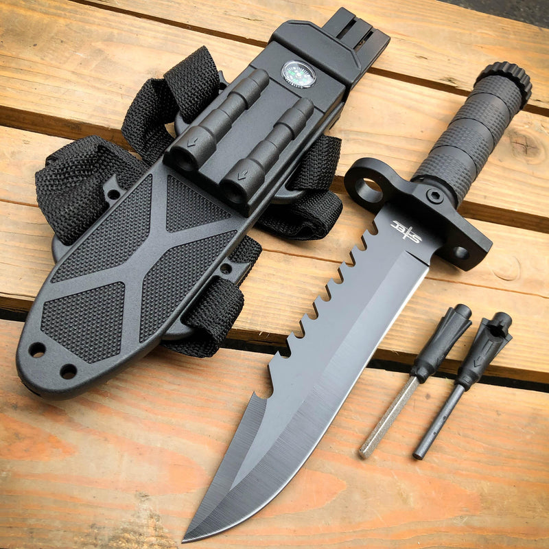 12.5" MILITARY TACTICAL FIXED BLADE Army SURVIVAL Knife w Fire Starter C - Black - BLADE ADDICT
