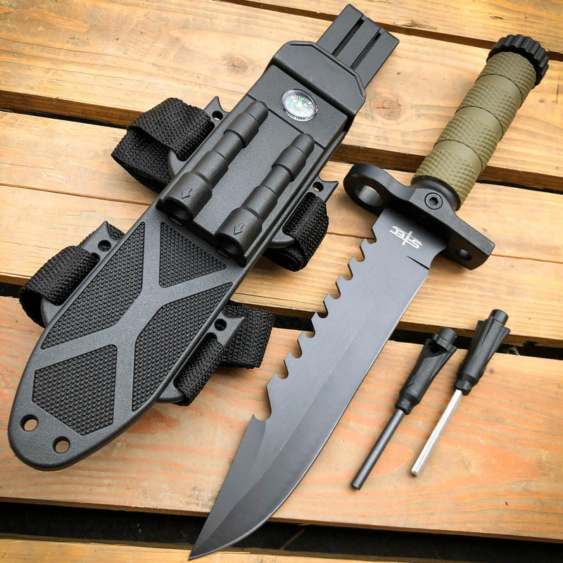 12.5" MILITARY TACTICAL FIXED BLADE Army SURVIVAL Knife w Fire Starter C - Green - BLADE ADDICT
