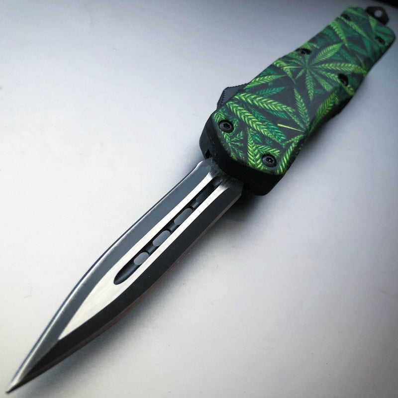 Military Tactical Mini OTF - Choose One Marijuana Leaf - Double Sided Blade - BLADE ADDICT