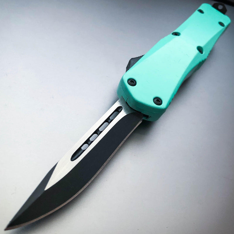 Military Tactical Mini OTF - Choose One Turquoise- Single Sided Blade - BLADE ADDICT