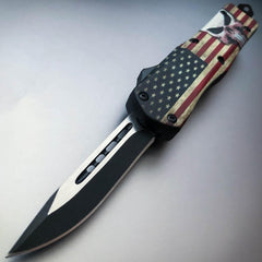 Military Tactical Mini OTF - Choose One USA Flag Punisher Skull - Single Sided Blade - BLADE ADDICT