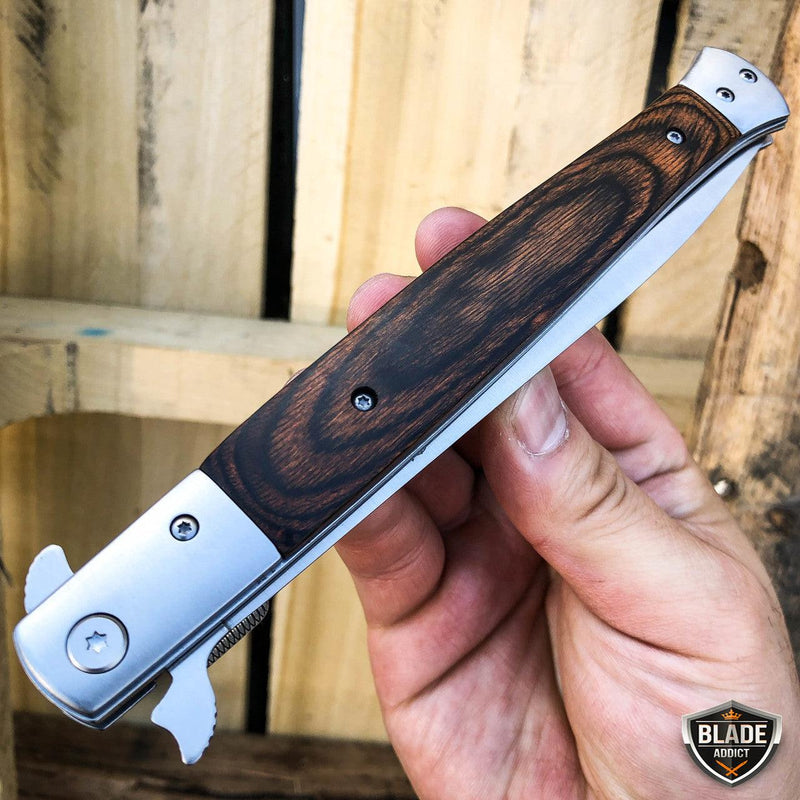 13" Classic Extra Large Brown Wood Spring Assisted Open STILETTO Pocket Knife - BLADE ADDICT