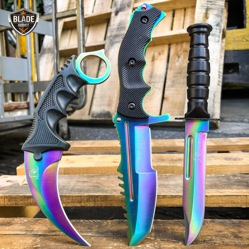 3PC COMBO CSGO Tactical Fixed Blade Knife Set - Karambit, Huntsman, Combat Knife - BLADE ADDICT