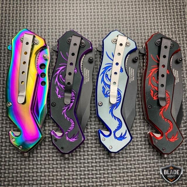 7.75" Fantasy Dragon Spring Assisted Open Rescue Folding Pocket Knife - BLADE ADDICT