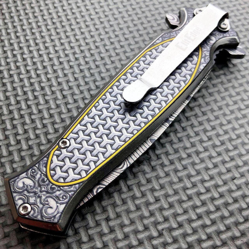 8.25" Damascus Etch Dirk Dagger Spring Open Assisted Pocket Knife - BLADE ADDICT