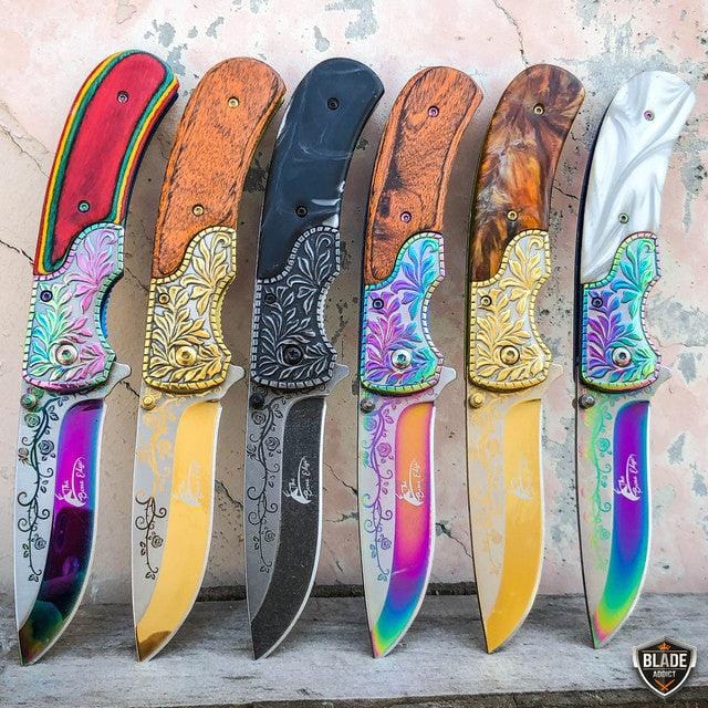 8.25" FLORAL Tactical Spring Assisted Open Folding Pocket Knife Blade - BLADE ADDICT