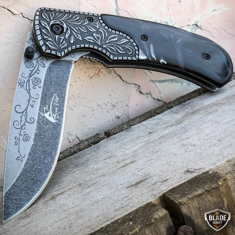 8.25" FLORAL Tactical Spring Assisted Open Folding Pocket Knife Blade - BLADE ADDICT