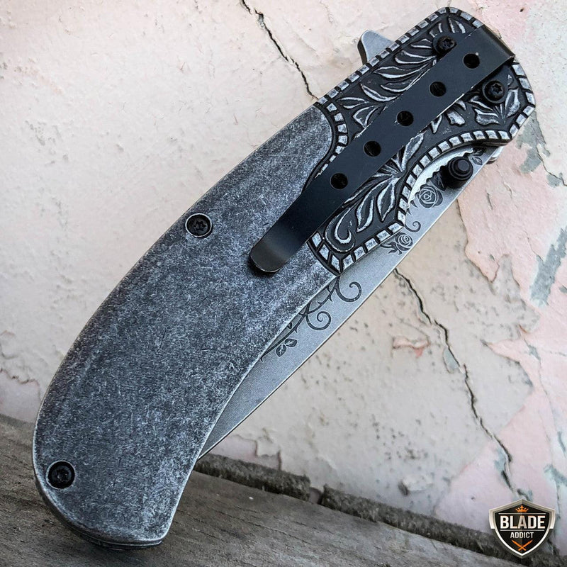 8.25" FLORAL Tactical Spring Assisted Open Folding Pocket Knife Blade - BLADE ADDICT