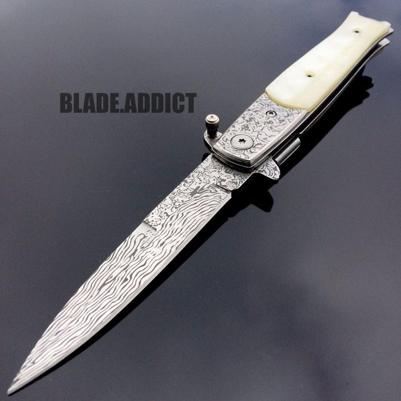 8.5" Damascus Italian Style Stiletto Spring Assisted Open Pocket Knife - BLADE ADDICT