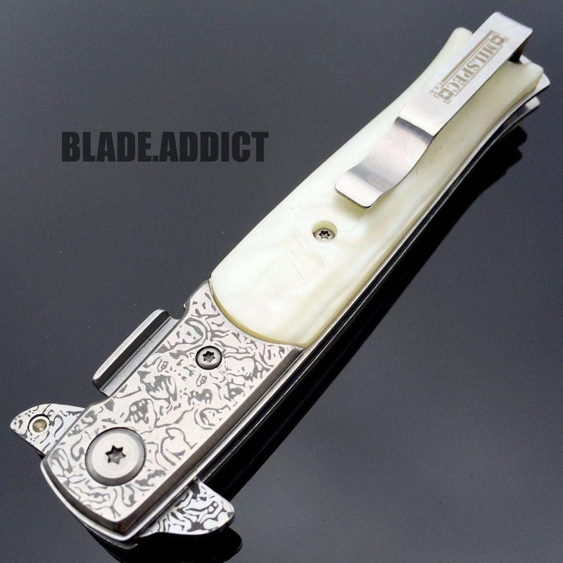 8.5" Damascus Italian Style Stiletto Spring Assisted Open Pocket Knife - BLADE ADDICT