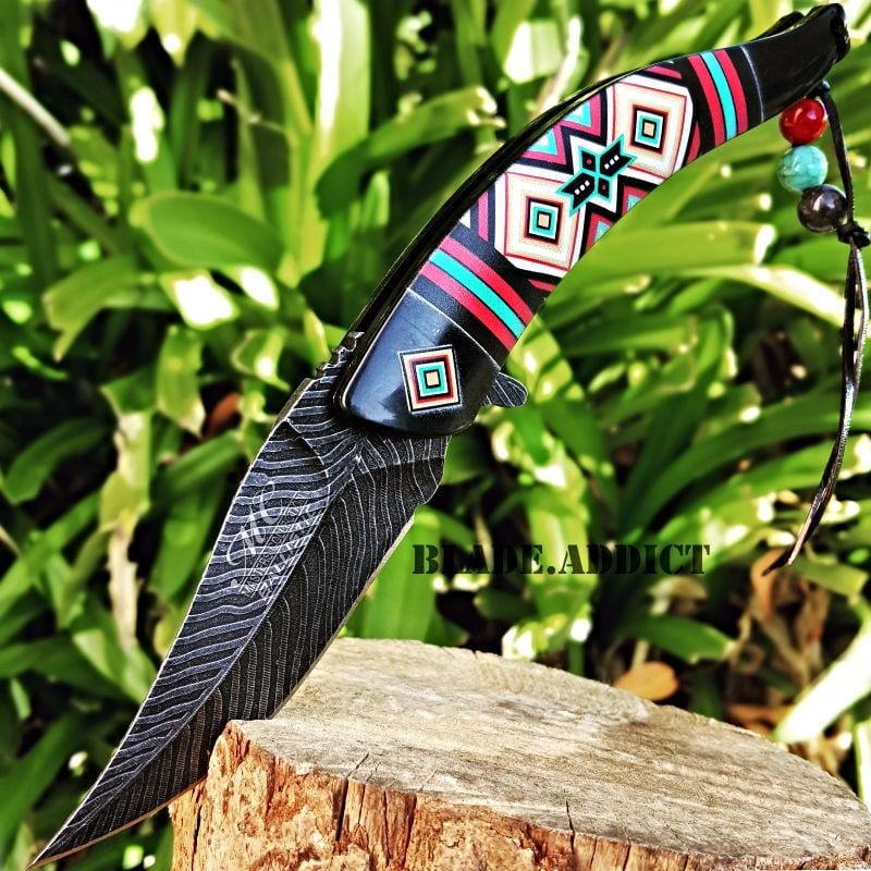 8.5" Native American Indian Damascus Feather Pocket Knife Black - BLADE ADDICT