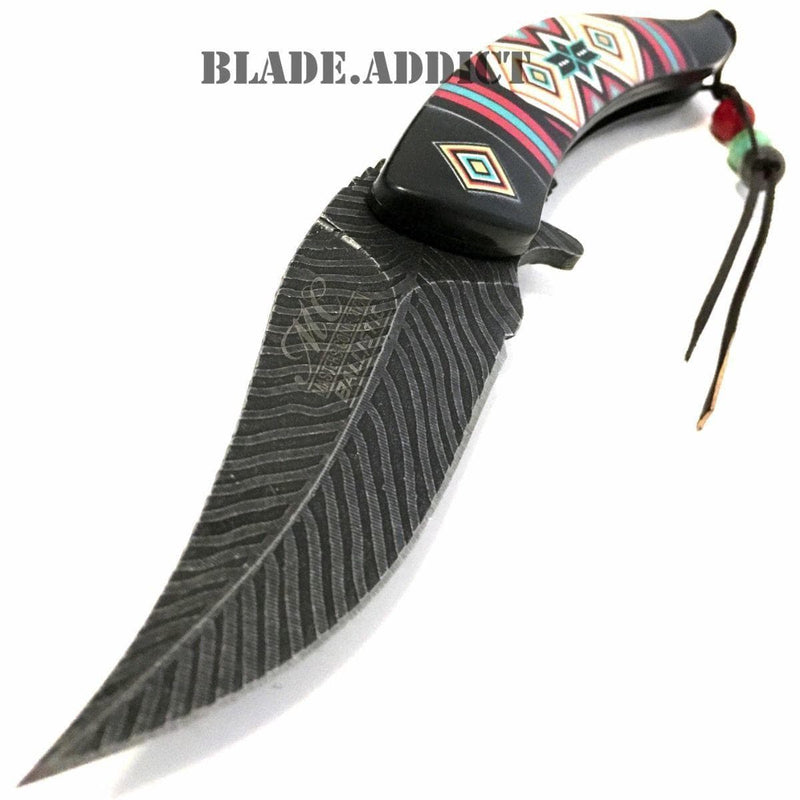 8.5" Native American Indian Damascus Feather Pocket Knife Black - BLADE ADDICT