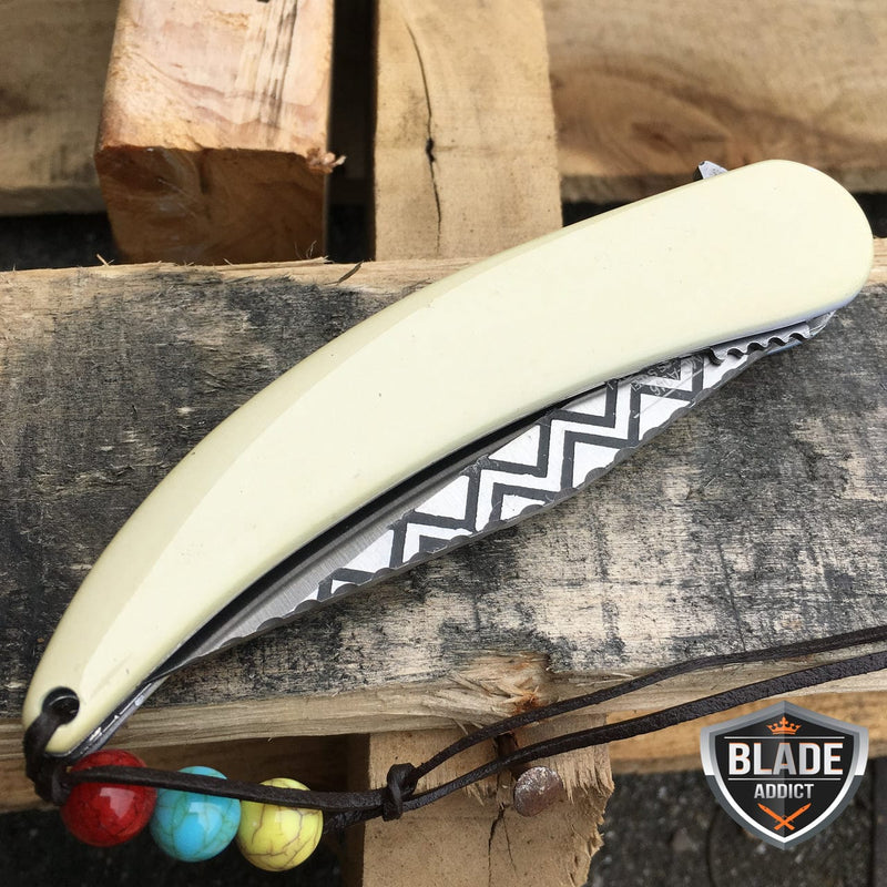 8.5" Native American Indian Pocket Knife Feather White - BLADE ADDICT