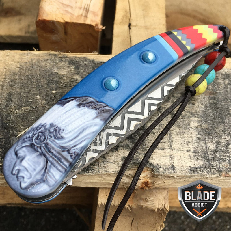 8.5" Native American Indian Spring Assisted Open Folding Pocket Knife - BLADE ADDICT