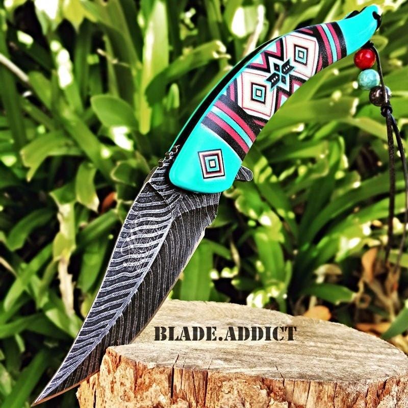 8.5" Native American Indian Spring Assisted Open Pocket Knife Feather - BLADE ADDICT