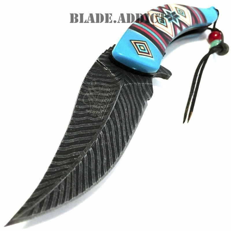 8.5" Native American Indian Spring Assisted Open Pocket Knife Feather - BLADE ADDICT