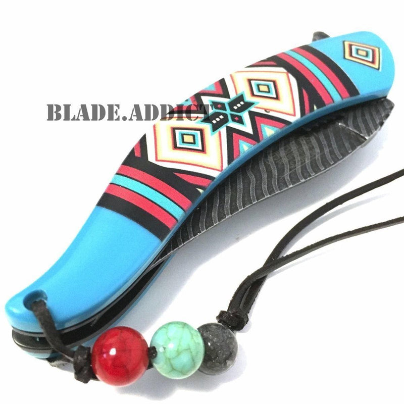 8.5" Native American Indian Spring Assisted Open Pocket Knife Feather - BLADE ADDICT