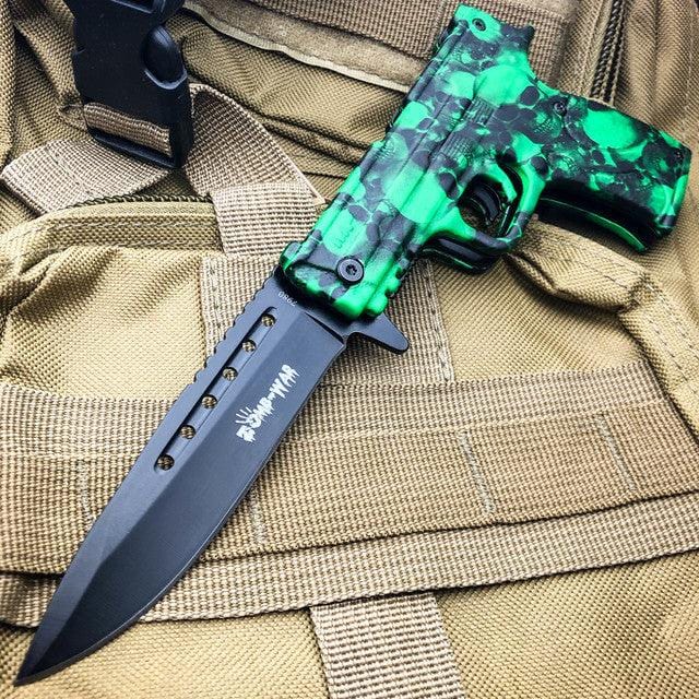 8.5" Survival Zombie Tactical Pistol Gun Replica Spring Assisted Pocket Knife - BLADE ADDICT
