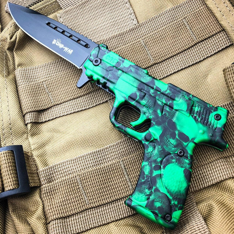 8.5" Survival Zombie Tactical Pistol Gun Replica Spring Assisted Pocket Knife - BLADE ADDICT