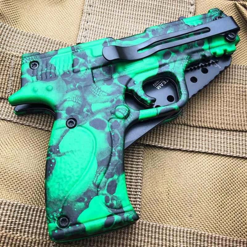 8.5" Survival Zombie Tactical Pistol Gun Replica Spring Assisted Pocket Knife - BLADE ADDICT