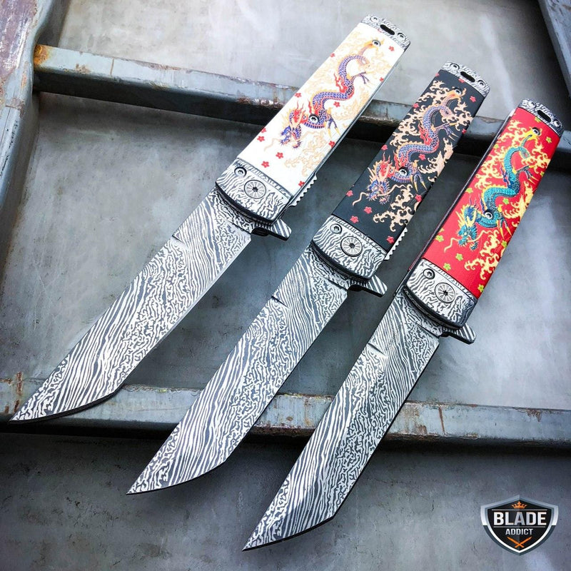 8" Dragon Damascus Sword Style Spring Assisted Folding Pocket Knife - BLADE ADDICT