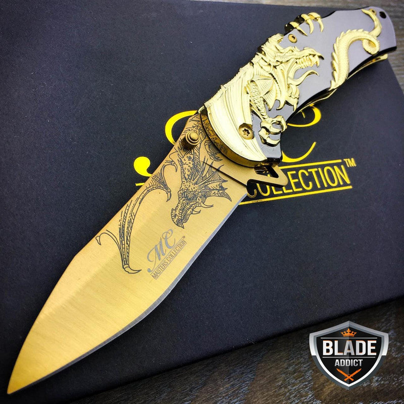 8" Gold Dragon Titanium Spring Assisted Open Blade Folding Pocket Knife Limited Edition - BLADE ADDICT