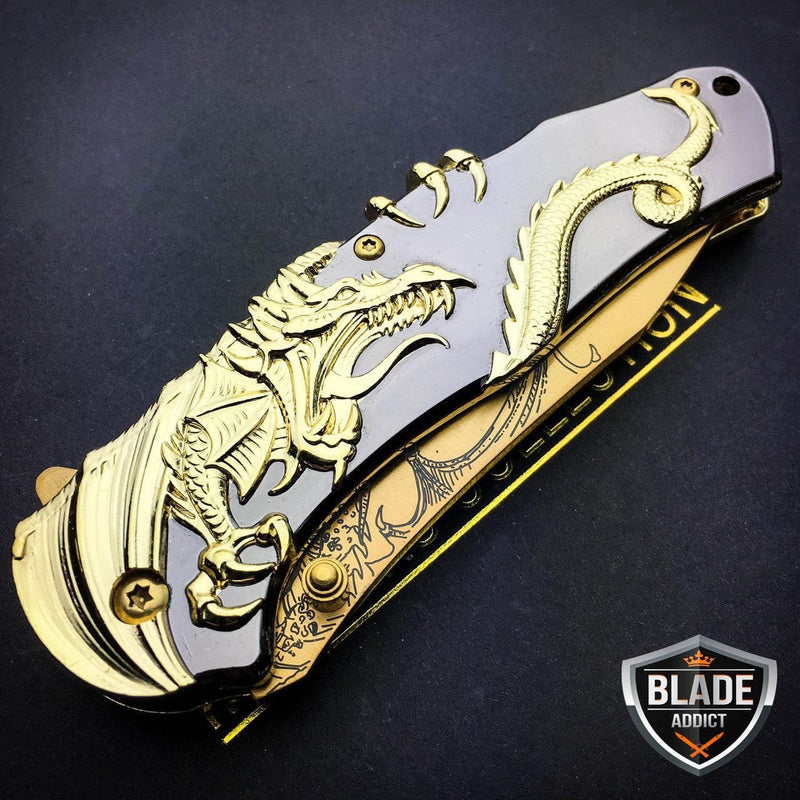 8" Gold Dragon Titanium Spring Assisted Open Blade Folding Pocket Knife Limited Edition - BLADE ADDICT